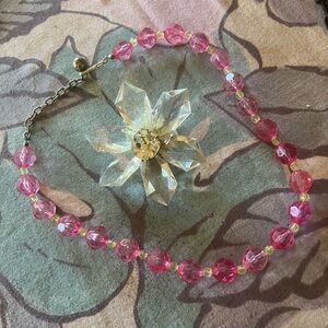 Very old vintage necklace and brooch.. clear Flower Brooch and Pink Necklace